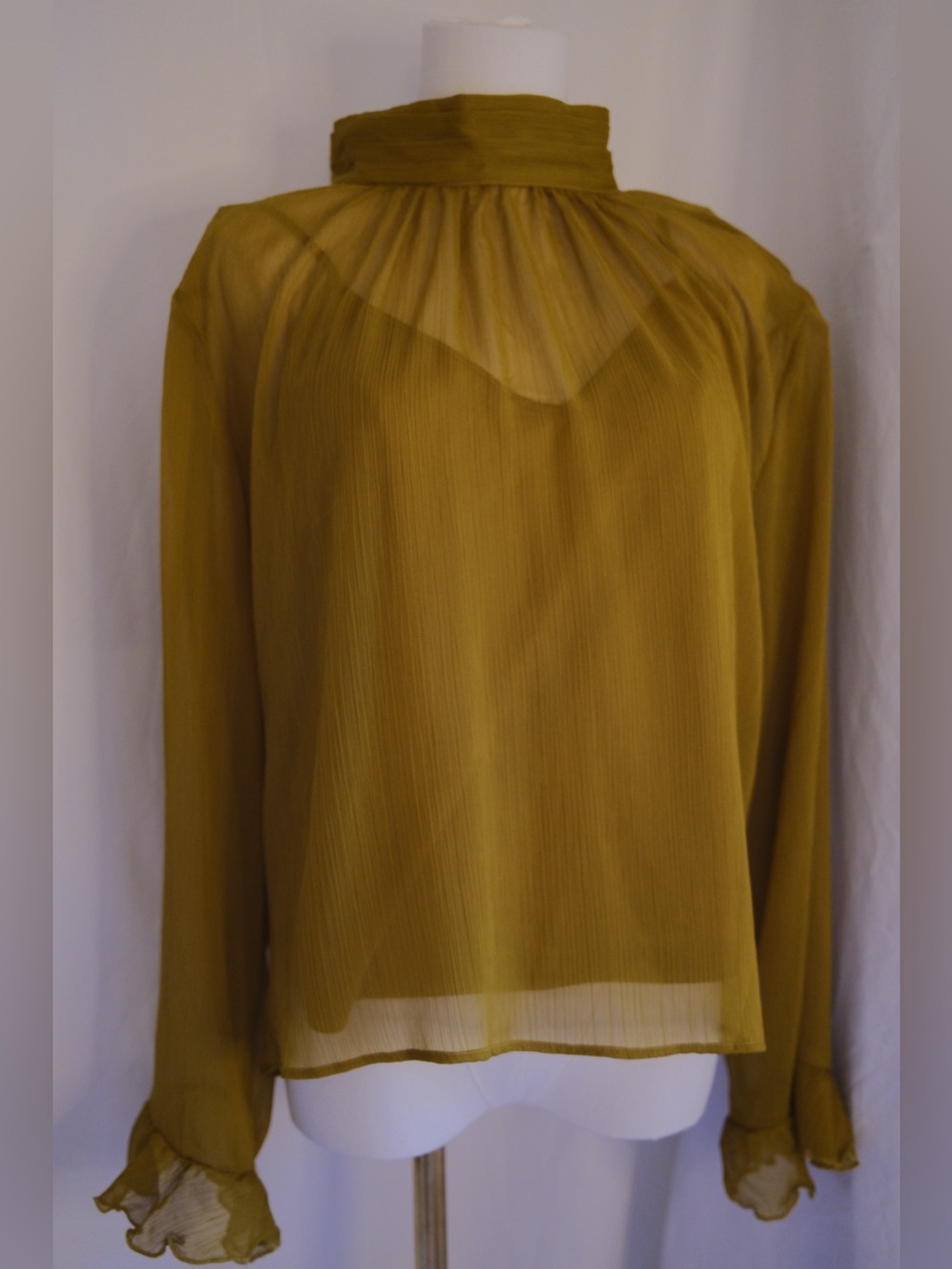 NWT Anthropologie Mustard Sheer Pleated High Neck Blouse Top Small